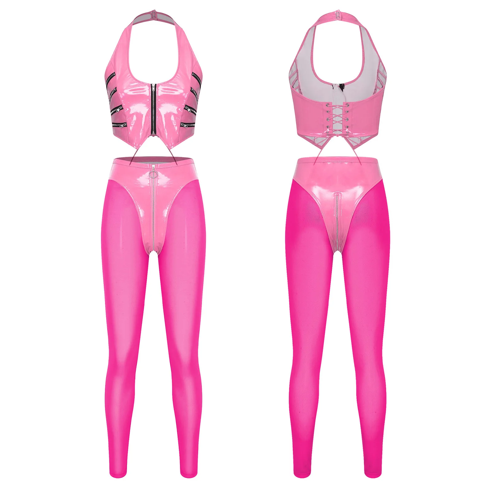 Women Y2K Glossy PU Leather Halter Crop Top Multi Zip and Sheer Mesh High Waist Leggings Sexy Stretchy for Rave Club Party
Women Y2K Glossy PU Leather Halter Crop Top Multi Zip and Sheer Mesh High Waist Leggings Sexy Stretchy for Rave Club Party