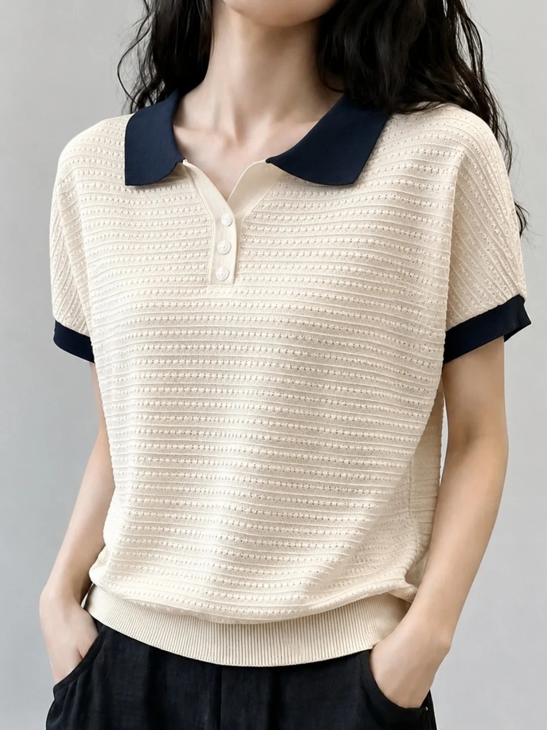 Fashionable Color Block Ice Silk Neck Short Sleeve Knitted Top Women's Loose Fit Summer Slimming Casual Style Knitwear
Fashionable Color Block Ice Silk Neck Short Sleeve Knitted Top Women's Loose Fit Summer Slimming Casual Style Knitwear