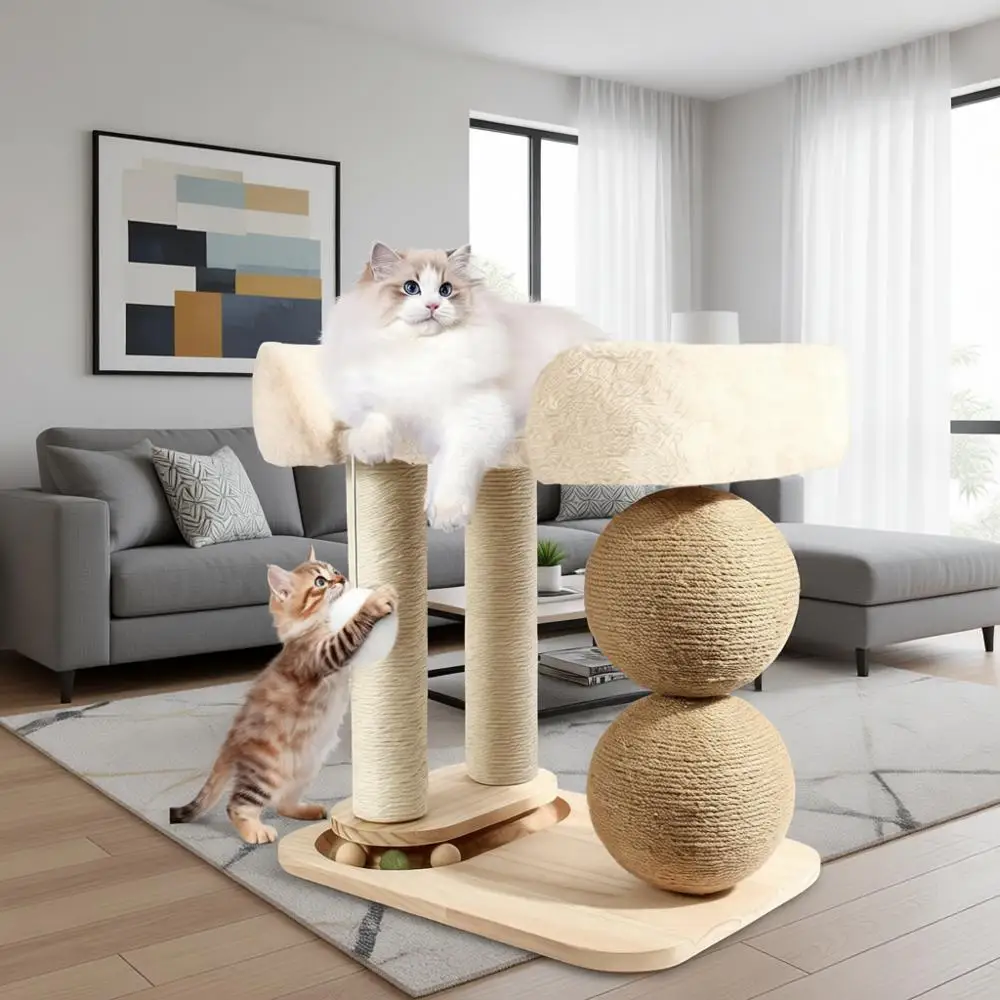 5-in-1 Small Cat Tree with Cat House, Scratching Posts, Tower Sot Bed, Hanging Ball Toy, Reversible Cushion, Stable Base - Kitte
5-in-1 Small Cat Tree with Cat House, Scratching Posts, Tower Sot Bed, Hanging Ball Toy, Reversible Cushion, Stable Base - Kitte