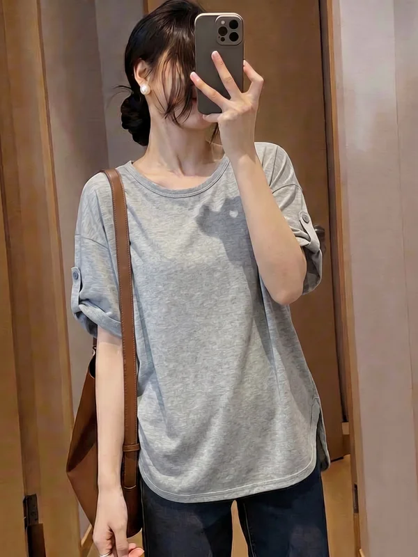 Gray Lazy Style Short Sleeve Women's T-shirt Shoulder Length Cover Belly Mid-Length Slimming Top for plus Size Summer 2026
Gray Lazy Style Short Sleeve Women's T-shirt Shoulder Length Cover Belly Mid-Length Slimming Top for plus Size Summer 2026