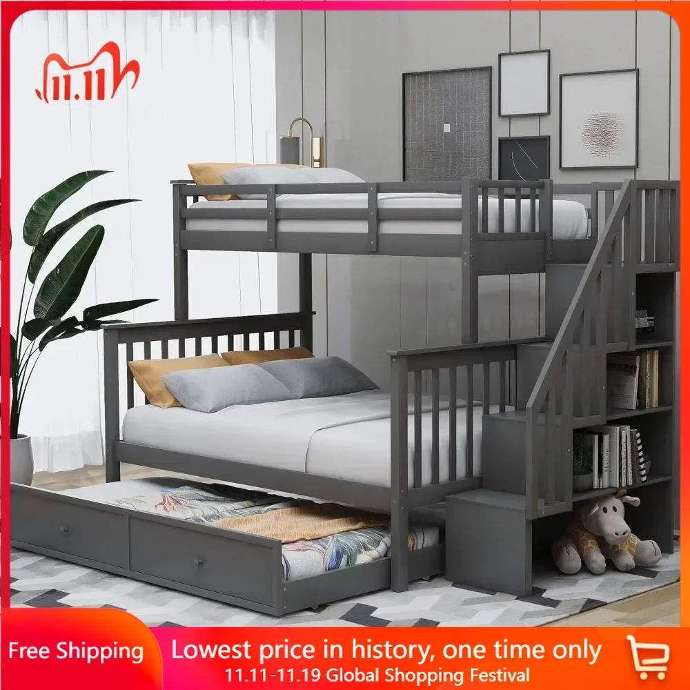 Bunk Bed, with Trundle and Storage Shelves, Twin Over Full Size Bunk SBeds Frame for Kids Teens Adults, Wood Bunk Bed Frame
Bunk Bed, with Trundle and Storage Shelves, Twin Over Full Size Bunk SBeds Frame for Kids Teens Adults, Wood Bunk Bed Frame
