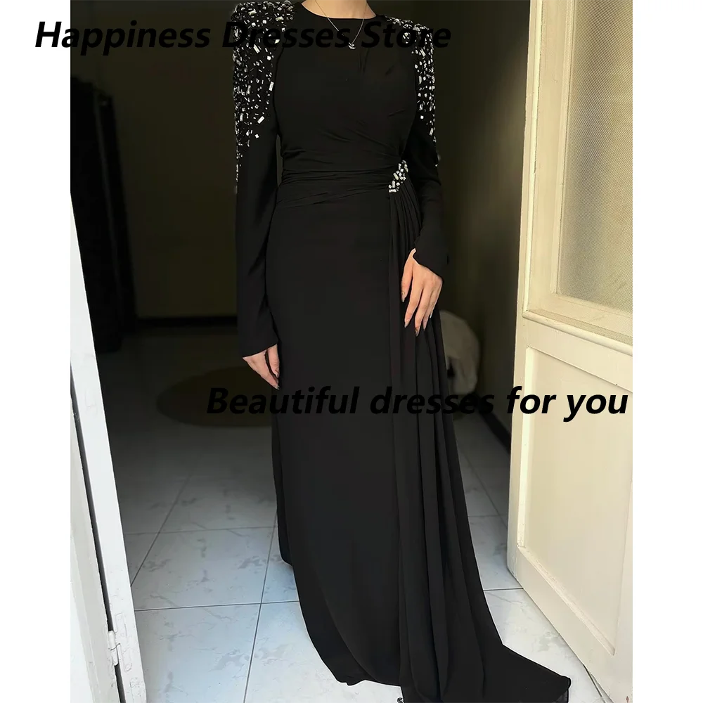 Black Evening Dress Customized Elegant O Neck Crystals Long Sleeves Jersey Saudi Arab Prom Gown A Line Long Formal Occasion Gown
Black Evening Dress Customized Elegant O Neck Crystals Long Sleeves Jersey Saudi Arab Prom Gown A Line Long Formal Occasion Gown
