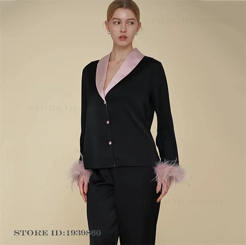 High Quality Womens Pajamas Set Loungewear Black Pink Feather Sleepwear Long Sleeve Trouser Pyjamas Loose Satin Homewear Pijama
High Quality Womens Pajamas Set Loungewear Black Pink Feather Sleepwear Long Sleeve Trouser Pyjamas Loose Satin Homewear Pijama
