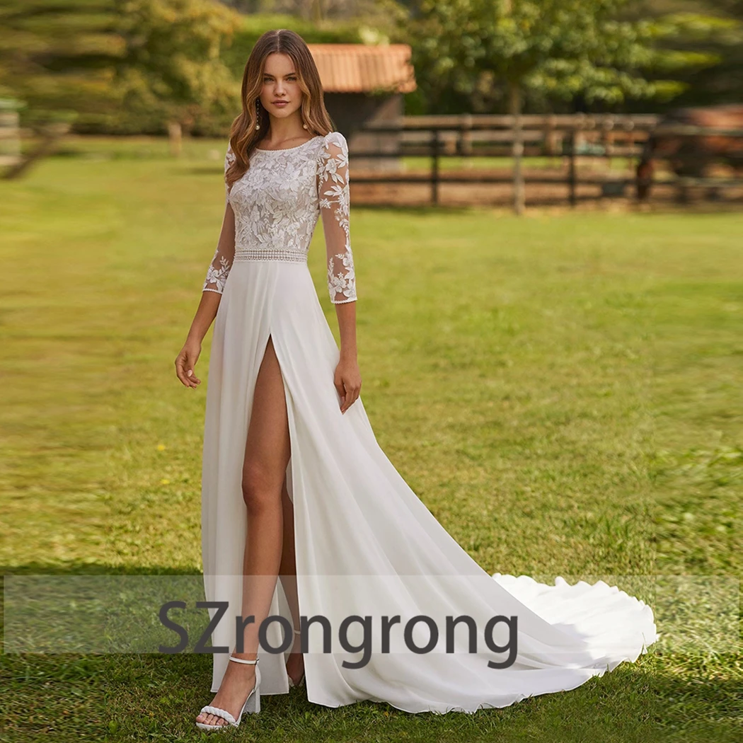 Customized Elegant O-neck Lace Boho Wedding Party Dress Chiffon 3/4 Sleeve Floor Length Side Slit Bridal Gown with Train
Customized Elegant O-neck Lace Boho Wedding Party Dress Chiffon 3/4 Sleeve Floor Length Side Slit Bridal Gown with Train