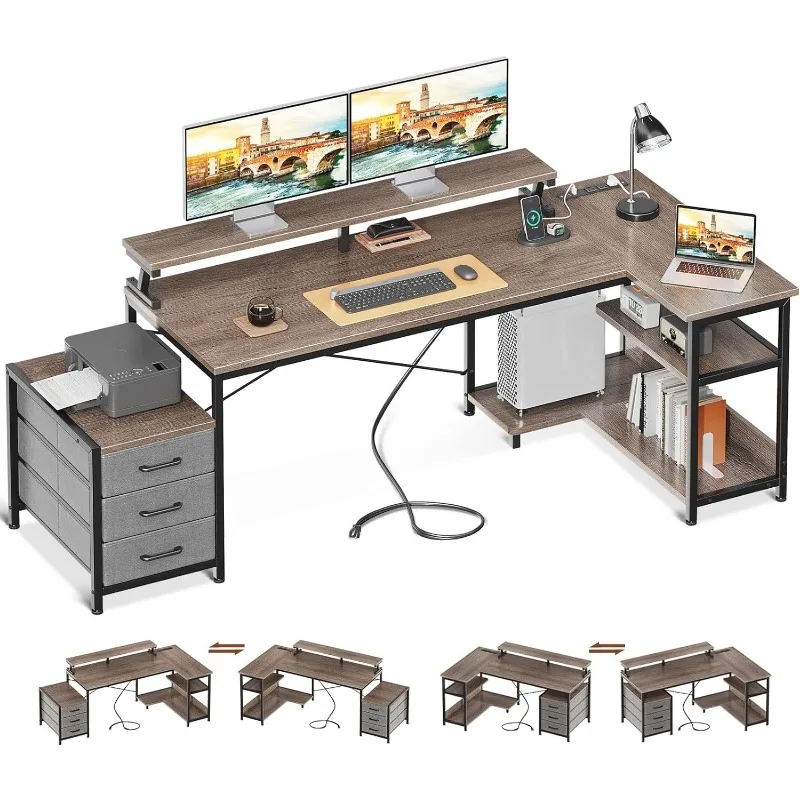 L Shaped Computer Desk with Power Outlets & 3 Cloth Drawers, Reversible Office Desk with Shelves & Monitor Stand, Corner Desk
L Shaped Computer Desk with Power Outlets & 3 Cloth Drawers, Reversible Office Desk with Shelves & Monitor Stand, Corner Desk