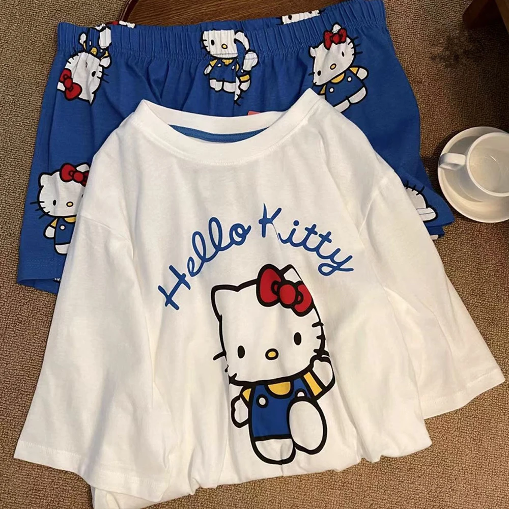 Hello Kitty Summer White & Blue Pajama Set Women's Short Sleeve Shorts with Lace Accents Soft Breathable Loungewear Home Comfort
Hello Kitty Summer White & Blue Pajama Set Women's Short Sleeve Shorts with Lace Accents Soft Breathable Loungewear Home Comfort