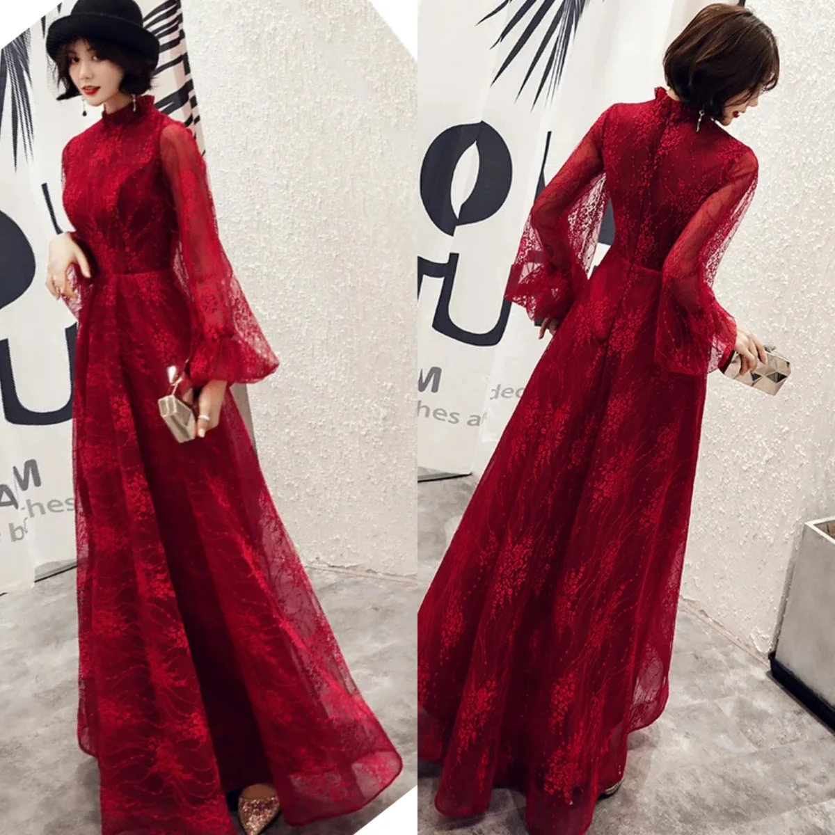 Evening Dresses Burgundy Lace High Collar Full Sleeves A-line Floor Length Plus size Women Party Formal Gowns Vestidos De Longo
Evening Dresses Burgundy Lace High Collar Full Sleeves A-line Floor Length Plus size Women Party Formal Gowns Vestidos De Longo