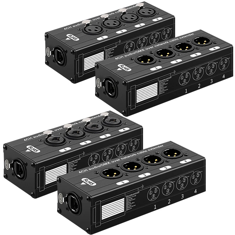 Professional 4 Channel XLR Audio Extender Over Cat5e Cat6, DMX512 for Stage Lighting, Mic, Mixer & Sound System
Professional 4 Channel XLR Audio Extender Over Cat5e Cat6, DMX512 for Stage Lighting, Mic, Mixer & Sound System