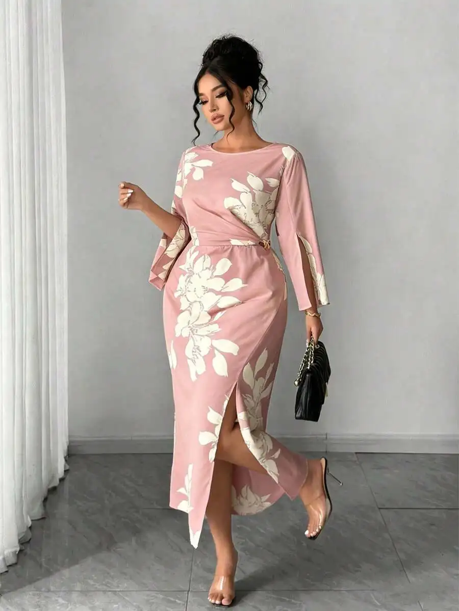 Elegant Floral Print Maxi Dress With Slit And Flare Sleeve For Women
Elegant Floral Print Maxi Dress With Slit And Flare Sleeve For Women