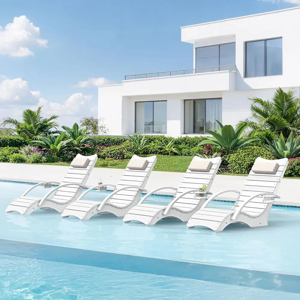 Set of 4 White Outdoor Beach Deck Sun Loungers, 8-10 Inches Deep, Durable Pool Tanning Chairs with Armrests and Cup Holders, Sup
Set of 4 White Outdoor Beach Deck Sun Loungers, 8-10 Inches Deep, Durable Pool Tanning Chairs with Armrests and Cup Holders, Sup