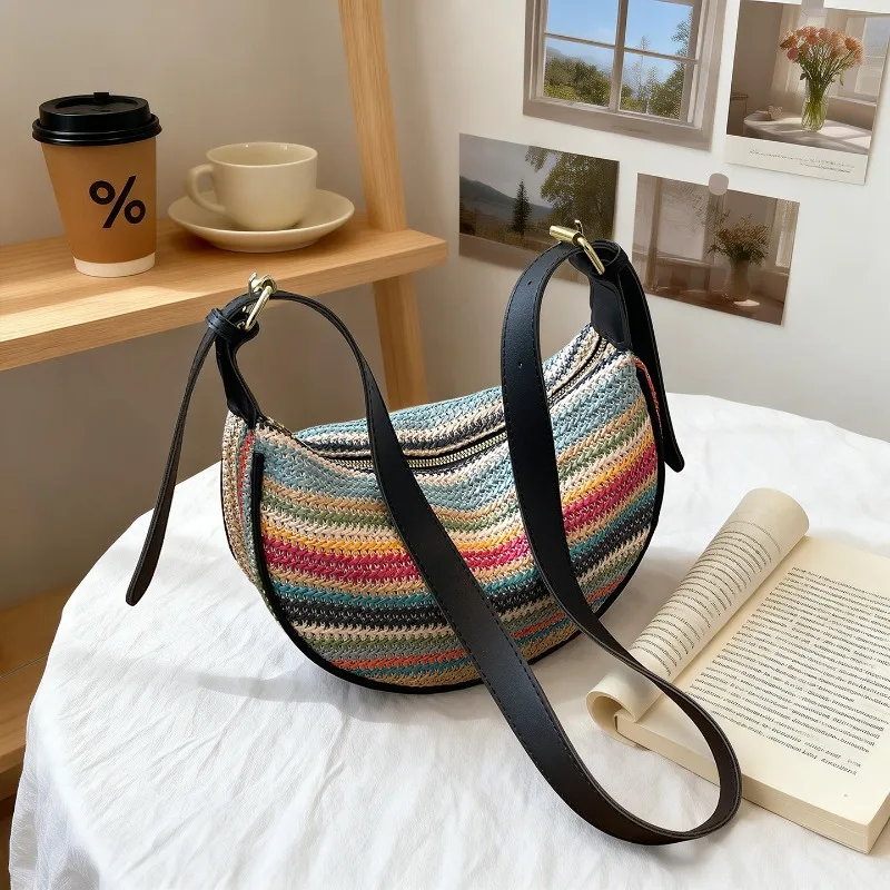 Fashionable Rainbow-colored Stripe Straw Woven Crossbody Bag Summer Bohemian Adjustable Strap Shoulder Bag for Daily Vacation
Fashionable Rainbow-colored Stripe Straw Woven Crossbody Bag Summer Bohemian Adjustable Strap Shoulder Bag for Daily Vacation
