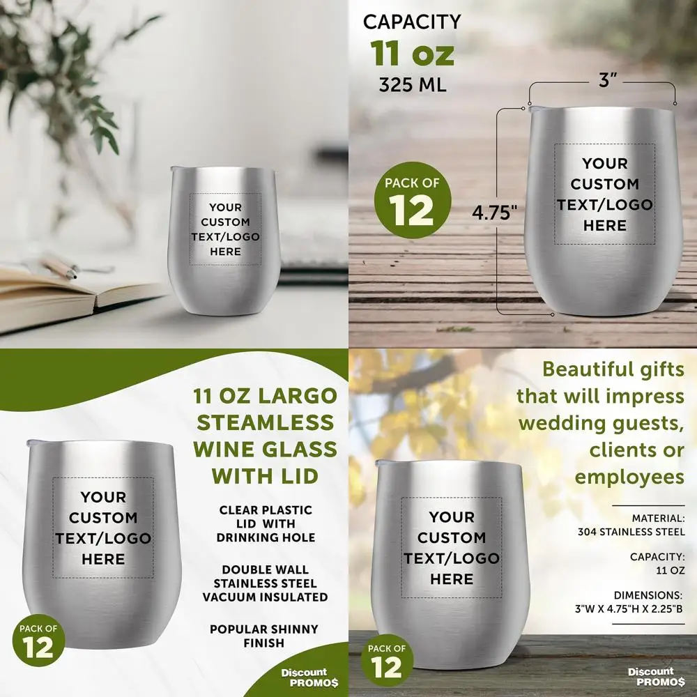 Set of 12 Personalized 11 oz Largo Stemless Tumblers with Lids - Ideal for Wine, Cocktails, and Beverages - Silver
Set of 12 Personalized 11 oz Largo Stemless Tumblers with Lids - Ideal for Wine, Cocktails, and Beverages - Silver