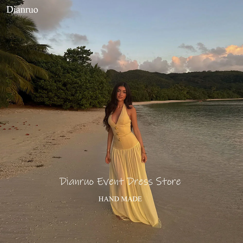 Dianruo Halter V Neck Maxi Beach Evening Dresses Chiffon A Line Formal Party Gowns Yellow Summer Robes De Soiree Customized
Dianruo Halter V Neck Maxi Beach Evening Dresses Chiffon A Line Formal Party Gowns Yellow Summer Robes De Soiree Customized