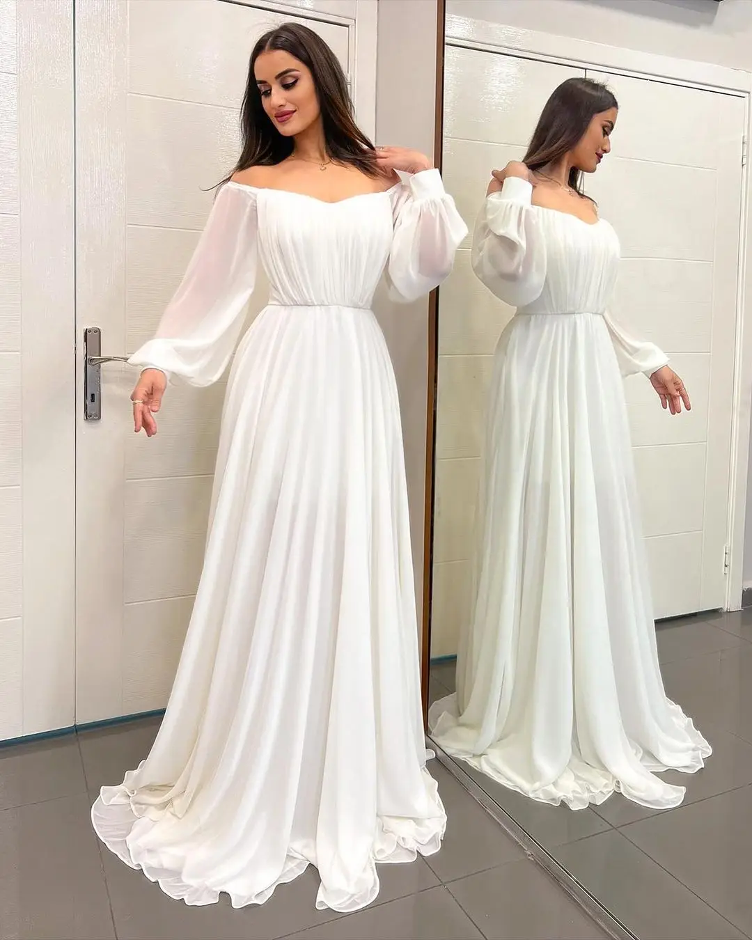 Vintage White Chiffon Long Sleeves Prom Dresses Off The Shoulder Floor Length Party Dresses Formal Occasion Dresses
Vintage White Chiffon Long Sleeves Prom Dresses Off The Shoulder Floor Length Party Dresses Formal Occasion Dresses
