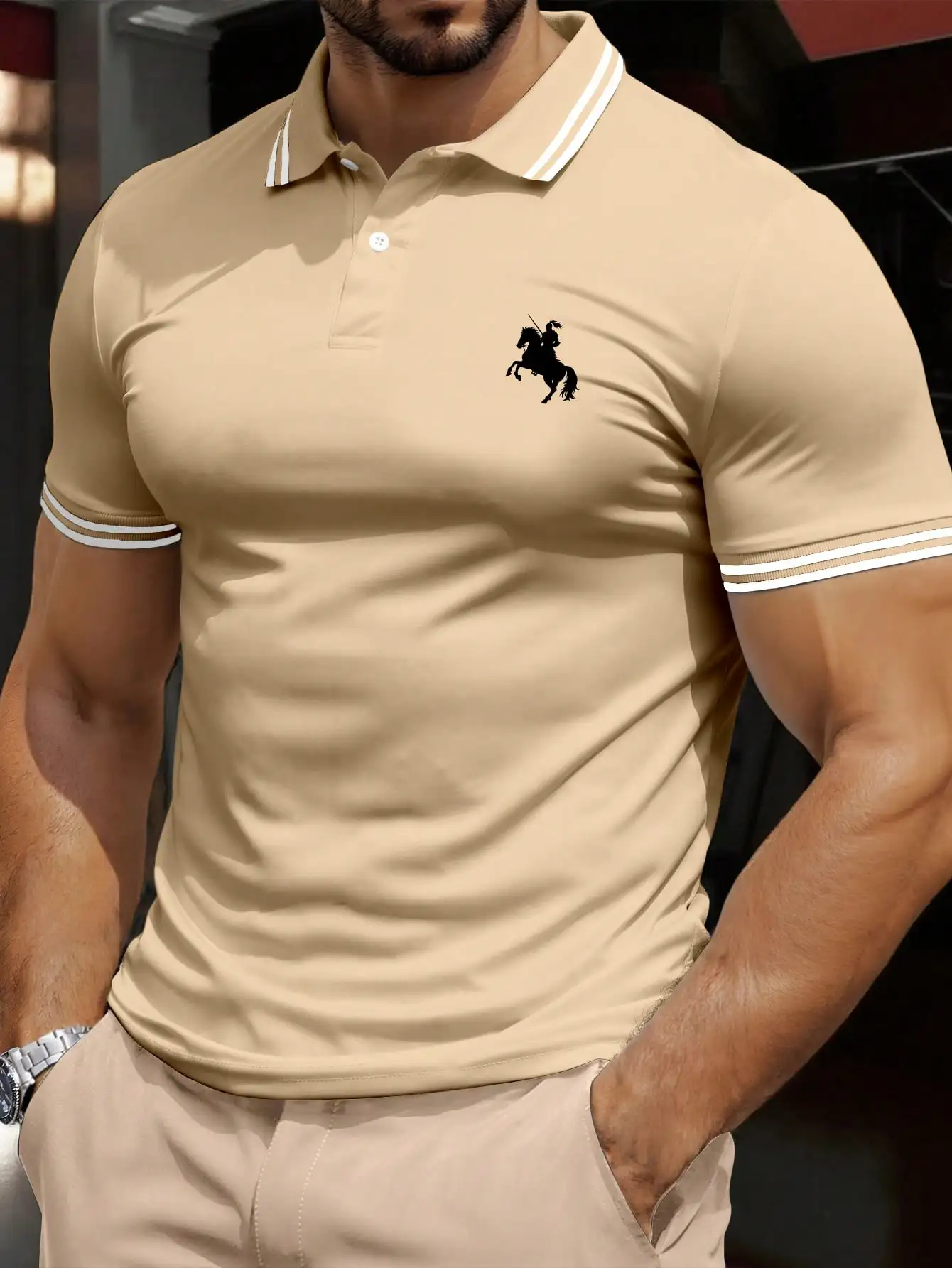 Men's Beige Short Sleeve Polo Shirt with Horse Rider Embroidery and Striped Trim
Men's Beige Short Sleeve Polo Shirt with Horse Rider Embroidery and Striped Trim
