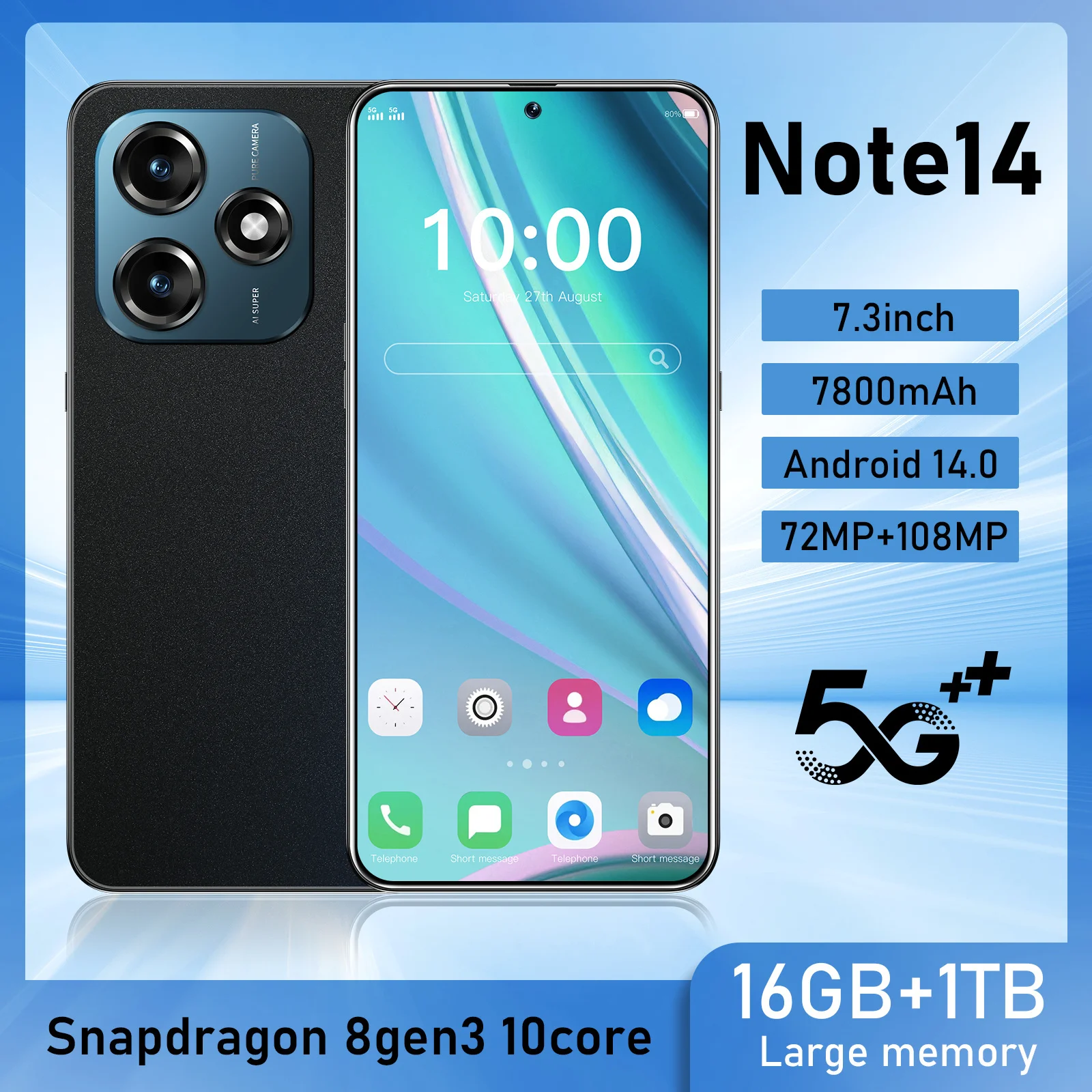 Global Version New Note 14 Smartphone 5G 7.3 inch HD Android 14 Snapdragon 8gen3 Ten Core Dual SIM Phone 7800mAh Cell Phones
Global Version New Note 14 Smartphone 5G 7.3 inch HD Android 14 Snapdragon 8gen3 Ten Core Dual SIM Phone 7800mAh Cell Phones