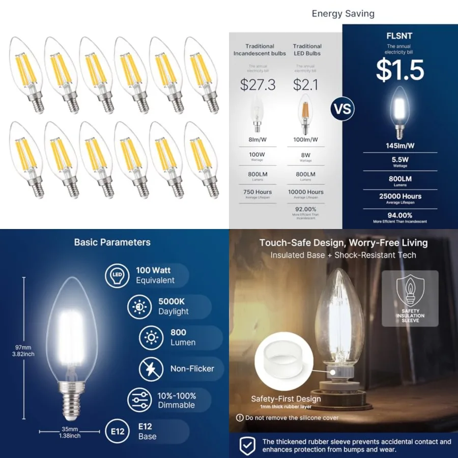 Equivalent Candelabra LED Bulbs, Dimmable LED Chandelier Light Bulbs for Dining Room, Living Room, Porch, 800LM, E12 Base, 12 P
Equivalent Candelabra LED Bulbs, Dimmable LED Chandelier Light Bulbs for Dining Room, Living Room, Porch, 800LM, E12 Base, 12 P