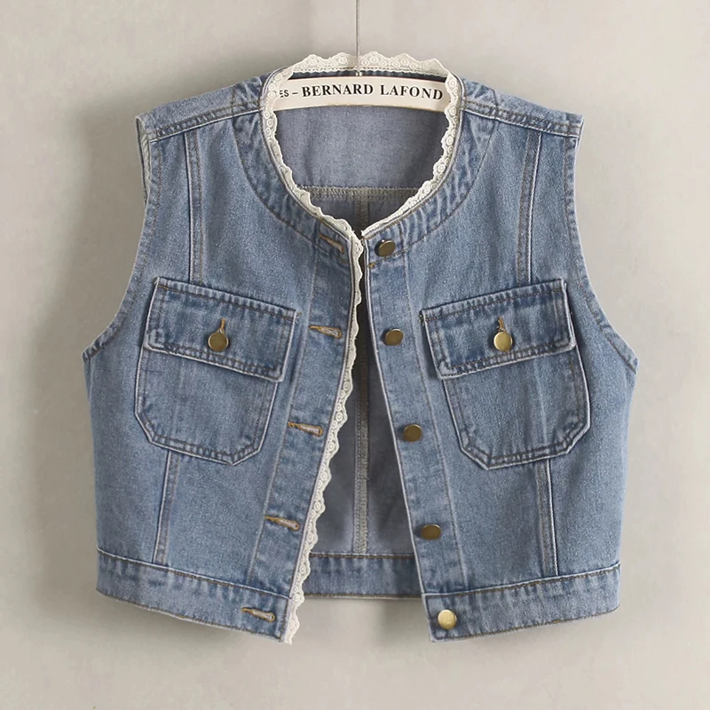Summer Women Fashion Lace Patchwork Blue Slim Short Denim Vest Big Pocket Round Neck Single-Breasted Sleeveless Cowboy Waistcoat
Summer Women Fashion Lace Patchwork Blue Slim Short Denim Vest Big Pocket Round Neck Single-Breasted Sleeveless Cowboy Waistcoat