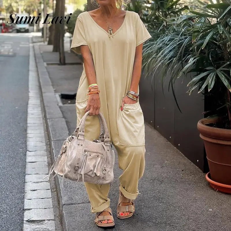 Elegant V-neck Short Sleeve Long Jumpsuit 2025 Fashion High Street Loose Party Playsuits Summer Women Casual Pocket Solid Romper
Elegant V-neck Short Sleeve Long Jumpsuit 2025 Fashion High Street Loose Party Playsuits Summer Women Casual Pocket Solid Romper