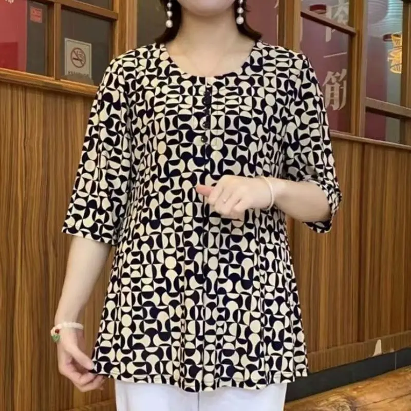Female Clothing Vintage Printed T-shirt Casual Loose Folds Button Summer Half Sleeve Commute Daily Round Neck Midi Pullovers New
Female Clothing Vintage Printed T-shirt Casual Loose Folds Button Summer Half Sleeve Commute Daily Round Neck Midi Pullovers New
