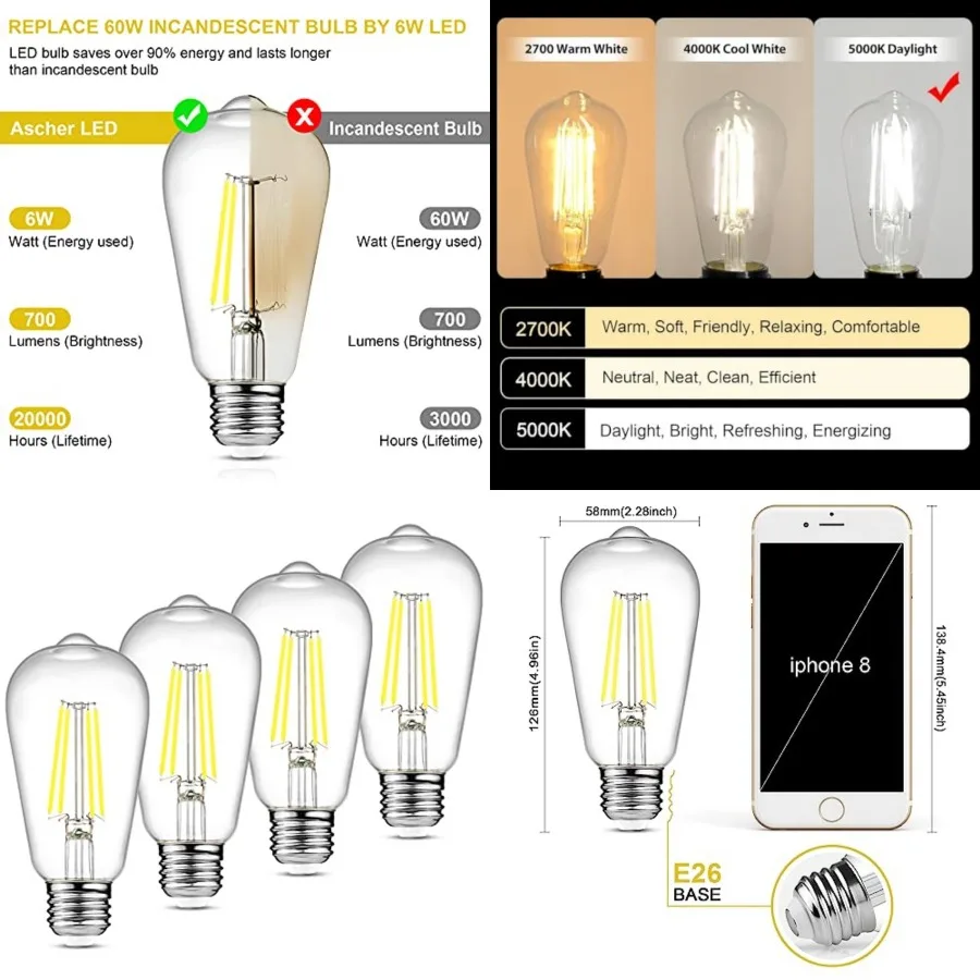 Vintage LED Edison Bulbs, 6W, Equivalent 60W, Non-Dimmable,,700Lumens, ST58 Antique LED Filament Bulbs with 80+ CRI, E26 Medium
Vintage LED Edison Bulbs, 6W, Equivalent 60W, Non-Dimmable,,700Lumens, ST58 Antique LED Filament Bulbs with 80+ CRI, E26 Medium