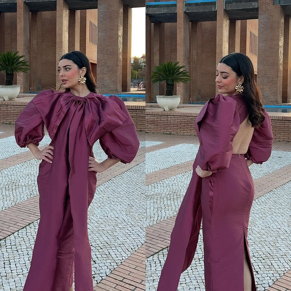 Customized Graceful O-Neck Puff Sleeves Evening Dress Delicate Bow Celebrity Gowns Temperament Backless Back Slit Part
Customized Graceful O-Neck Puff Sleeves Evening Dress Delicate Bow Celebrity Gowns Temperament Backless Back Slit Part
