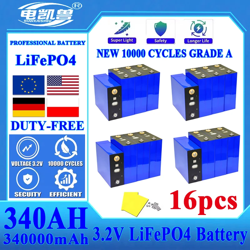 16pcs 10000 cycle 3.2V 340AH Lifepo4 Battery Grade A Cells 12V 24V 48V Rechargeable Battery Pack for Solar Tax Free With Busbars
16pcs 10000 cycle 3.2V 340AH Lifepo4 Battery Grade A Cells 12V 24V 48V Rechargeable Battery Pack for Solar Tax Free With Busbars