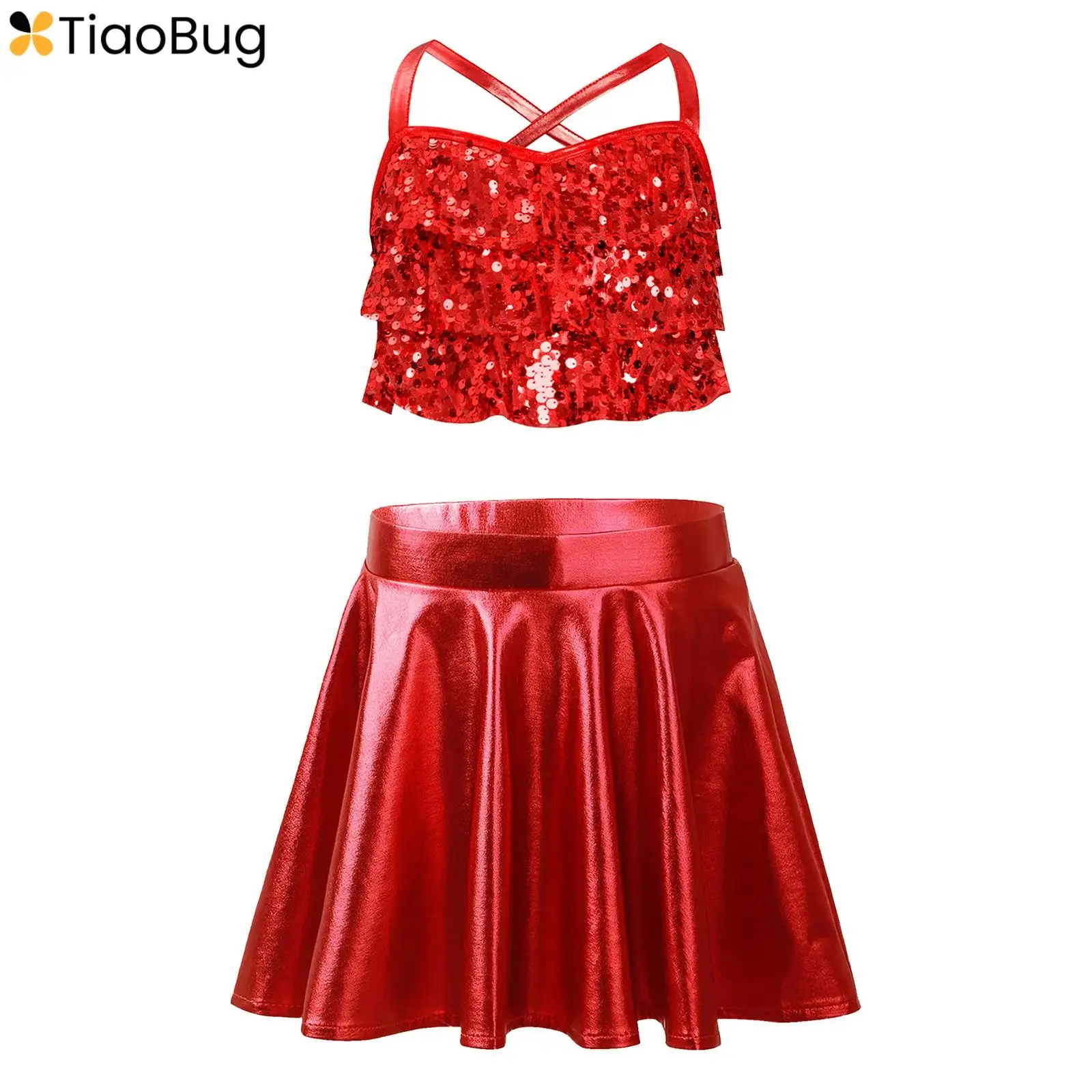 Kids Girls Cheerleading Dance Costume Set Sleeveless Shiny Sequins Tiered Ruffles Crop Top+Metallic Skirts for Jazz Competition
Kids Girls Cheerleading Dance Costume Set Sleeveless Shiny Sequins Tiered Ruffles Crop Top+Metallic Skirts for Jazz Competition