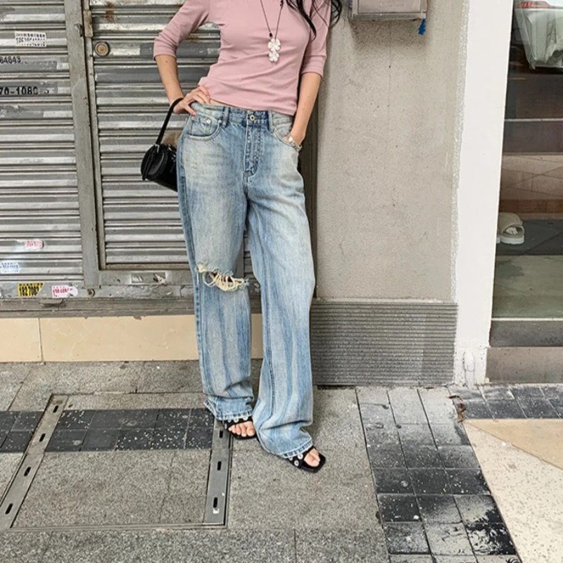 Denim Pant Women Jeans Straight Trousers Mid Waist Distressed Hole Floor Length Y2k Streetwear Vintage Washed Work Summer 2026
Denim Pant Women Jeans Straight Trousers Mid Waist Distressed Hole Floor Length Y2k Streetwear Vintage Washed Work Summer 2026