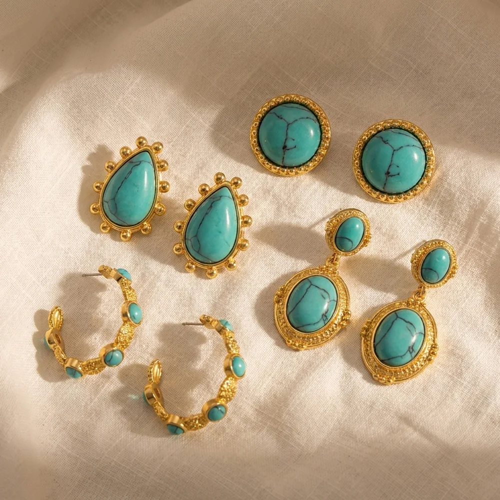 Bohemia Style Round Turquoise Stud Earrings for Women Girls Gold Plated Drop Earring Fashion Summer Beach Jewelry Accessory
Bohemia Style Round Turquoise Stud Earrings for Women Girls Gold Plated Drop Earring Fashion Summer Beach Jewelry Accessory