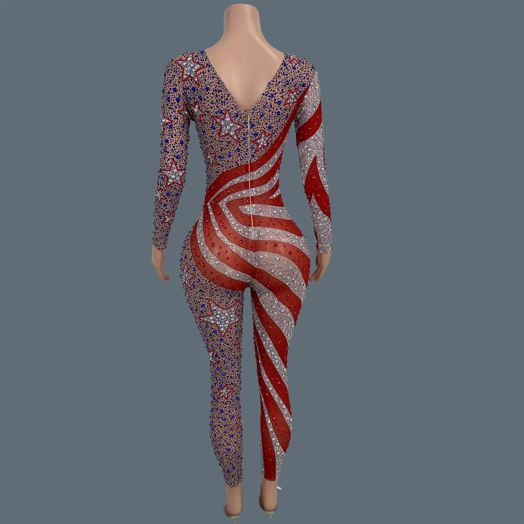 Flag Style Red Blue Rhinestone Jumpsuit Sheer Mesh Long Sleeve Bodycon Stage Performance Wear Party Tight Fitting Jumpsuit Qizhi
Flag Style Red Blue Rhinestone Jumpsuit Sheer Mesh Long Sleeve Bodycon Stage Performance Wear Party Tight Fitting Jumpsuit Qizhi