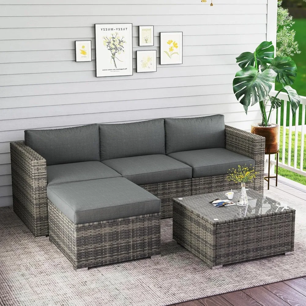 5-pieces Outdoor Patio Furniture Set, All Weather Wicker Rattan Sectional Sofa Conversation Set With Cushions & Glass Coffee
5-pieces Outdoor Patio Furniture Set, All Weather Wicker Rattan Sectional Sofa Conversation Set With Cushions & Glass Coffee
