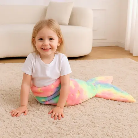 Mermaid Tail Glowing Blanket Cute Plush Fluffy Soft Blankets for Kids Girls Warm Cartoon Glow in The Dark Soft Cover Wearable.
