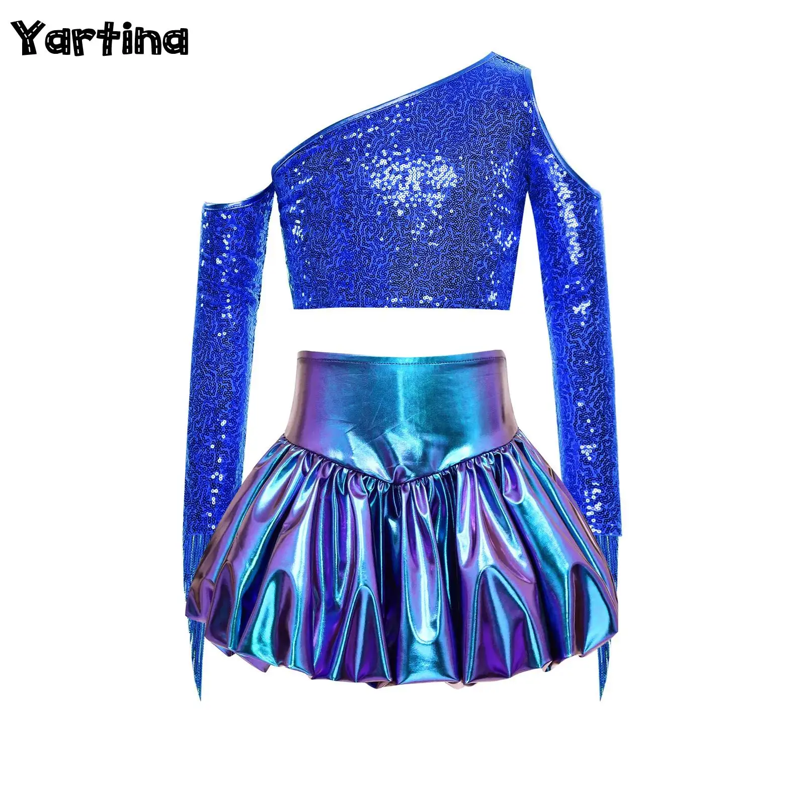 Kids Girls Metallic Shiny Jazz Dance Outfit Performance Costume Long Sleeve with Tassel One Shoulder Crop Top with Bubble Skirt
Kids Girls Metallic Shiny Jazz Dance Outfit Performance Costume Long Sleeve with Tassel One Shoulder Crop Top with Bubble Skirt