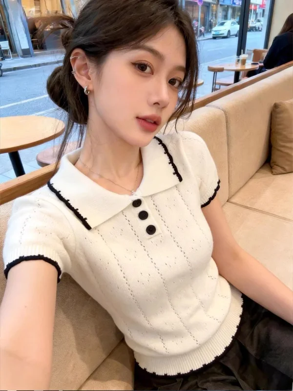 Sweet Korean Style Short Sleeve Knitted Slim Fit Shirt for Women in Beige Color Casual Summer Top Button up Design
Sweet Korean Style Short Sleeve Knitted Slim Fit Shirt for Women in Beige Color Casual Summer Top Button up Design