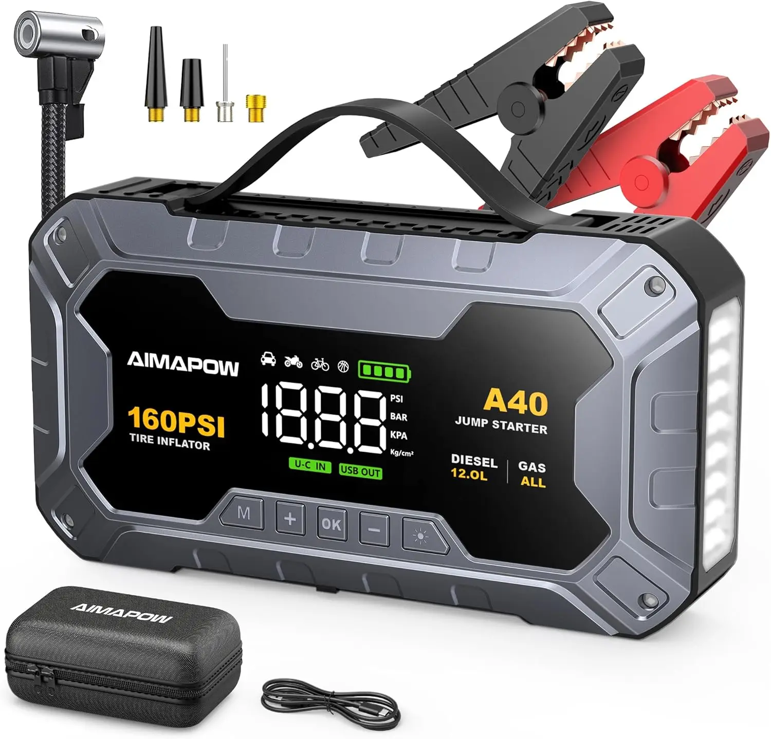 8000A 160PSI Jump Starter with Air Compressor, 12V Car Battery Jump Starter Power Bank for All Gas/12L Diesel, Car Starter with LED Flashlight, Force Start, Jump Pack with Jump Leads
8000A 160PSI Jump Starter with Air Compressor, 12V Car Battery Jump Starter Power Bank for All Gas/12L Diesel, Car Starter with LED Flashlight, Force Start, Jump Pack with Jump Leads