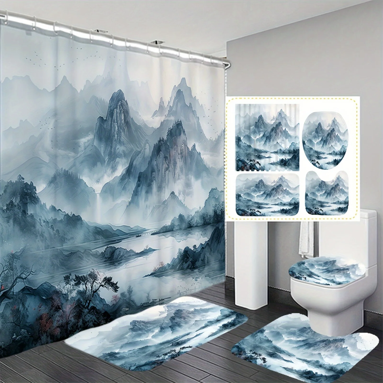 4-piece landscape sketch bathroom set, polyester fabric, shower curtain, non-slip bath mat, toilet seat cover and U-shaped rug
4-piece landscape sketch bathroom set, polyester fabric, shower curtain, non-slip bath mat, toilet seat cover and U-shaped rug