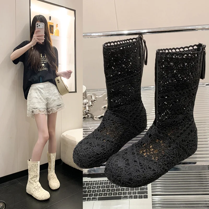Summer Women's Flat Bottom Increased Height Boots Lace Hollow out Thin Short Cool Boots Korean Style Mid-Calf Net Cloth
Summer Women's Flat Bottom Increased Height Boots Lace Hollow out Thin Short Cool Boots Korean Style Mid-Calf Net Cloth