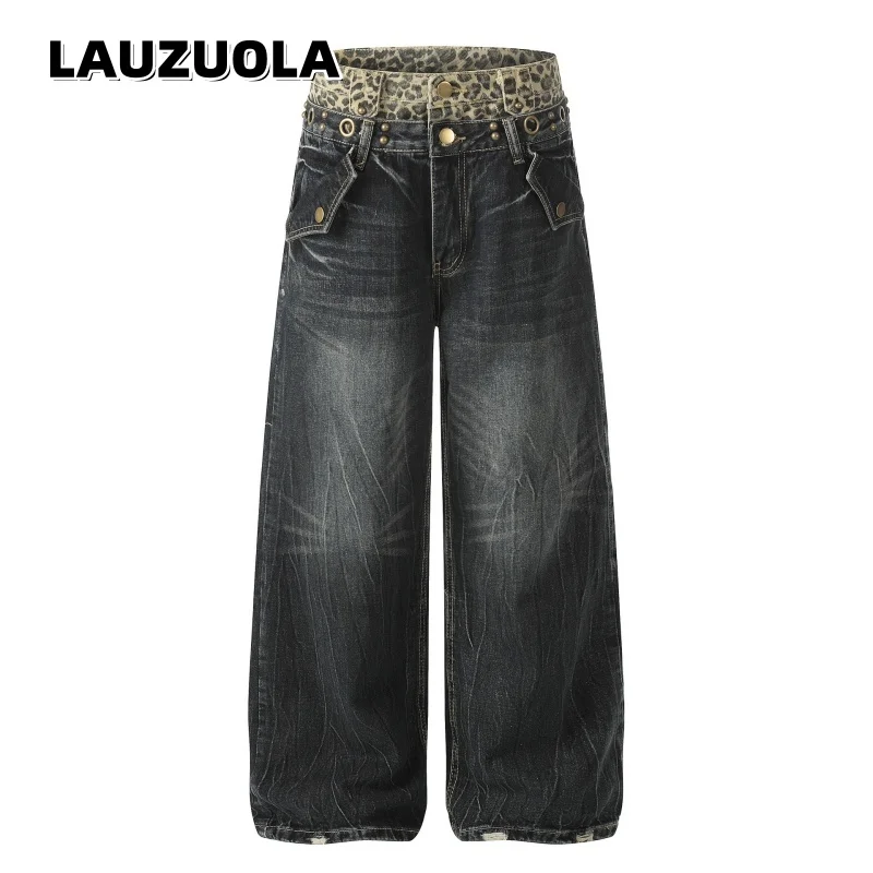Retro Leopard Waist Rivet Patchwork Baggy Jeans Men Women High Waist Wide Leg Pants Washed Denim Trousers
Retro Leopard Waist Rivet Patchwork Baggy Jeans Men Women High Waist Wide Leg Pants Washed Denim Trousers