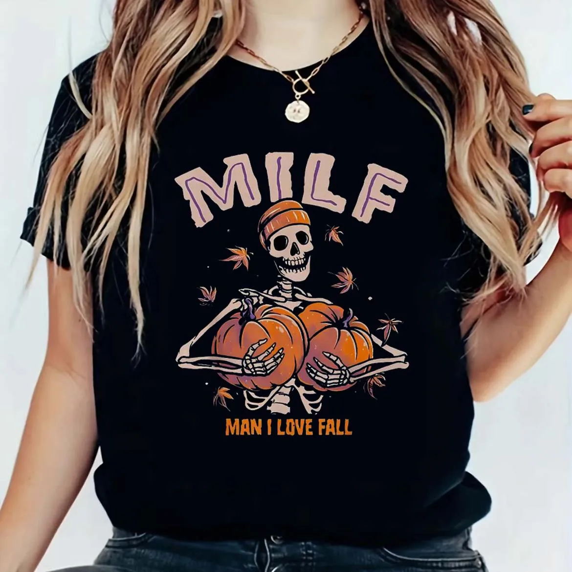 Skeleton Pumpkin MILF Man I Love Fall Horror Halloween Cartoon Funny Women's T-Shirt Vintage Soft Summer Short Sleeve Graphic St
Skeleton Pumpkin MILF Man I Love Fall Horror Halloween Cartoon Funny Women's T-Shirt Vintage Soft Summer Short Sleeve Graphic St