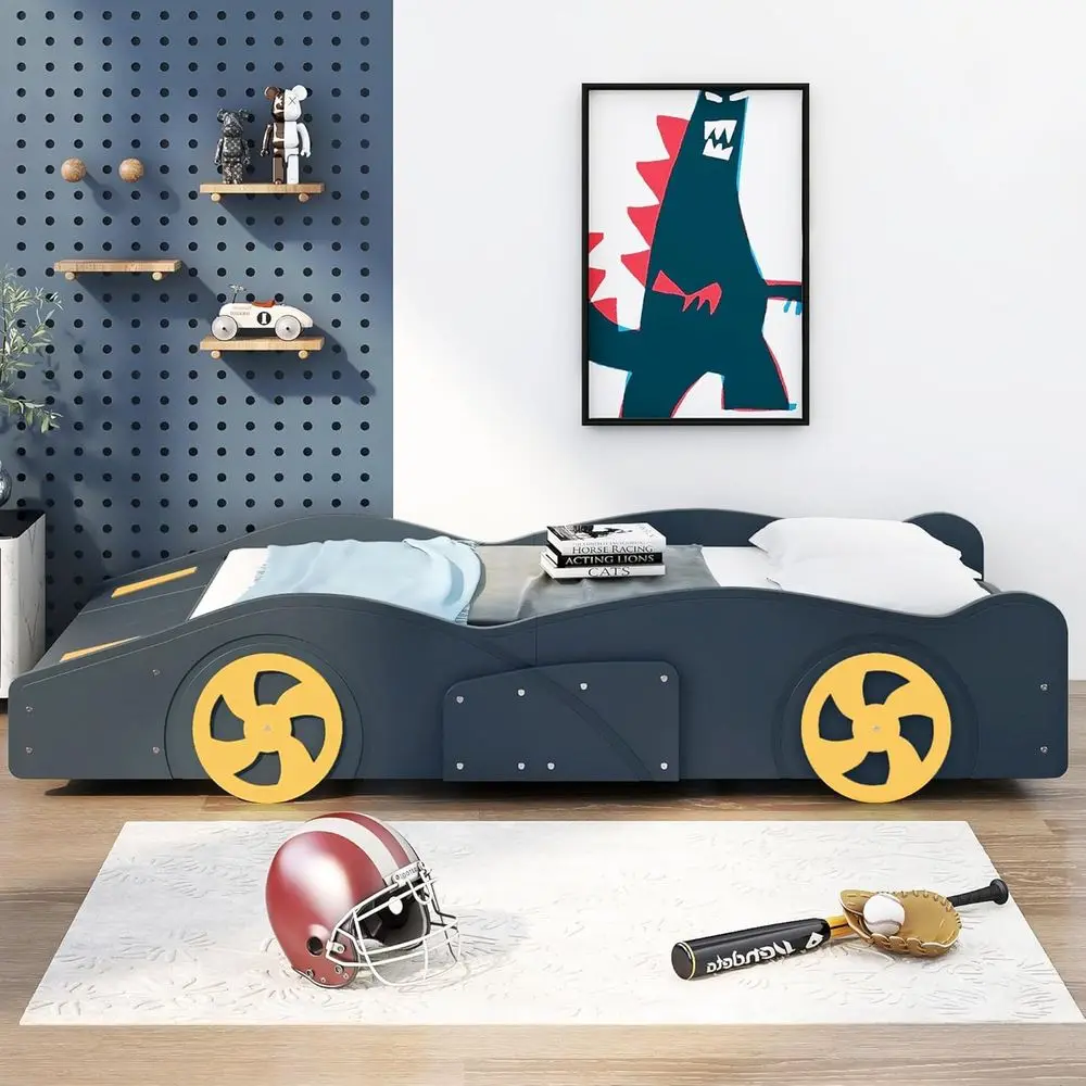 Twin Size Race Car Bed with Storage Shelves and Wheels, Easy Assembly, Blue & Yellow
Twin Size Race Car Bed with Storage Shelves and Wheels, Easy Assembly, Blue & Yellow