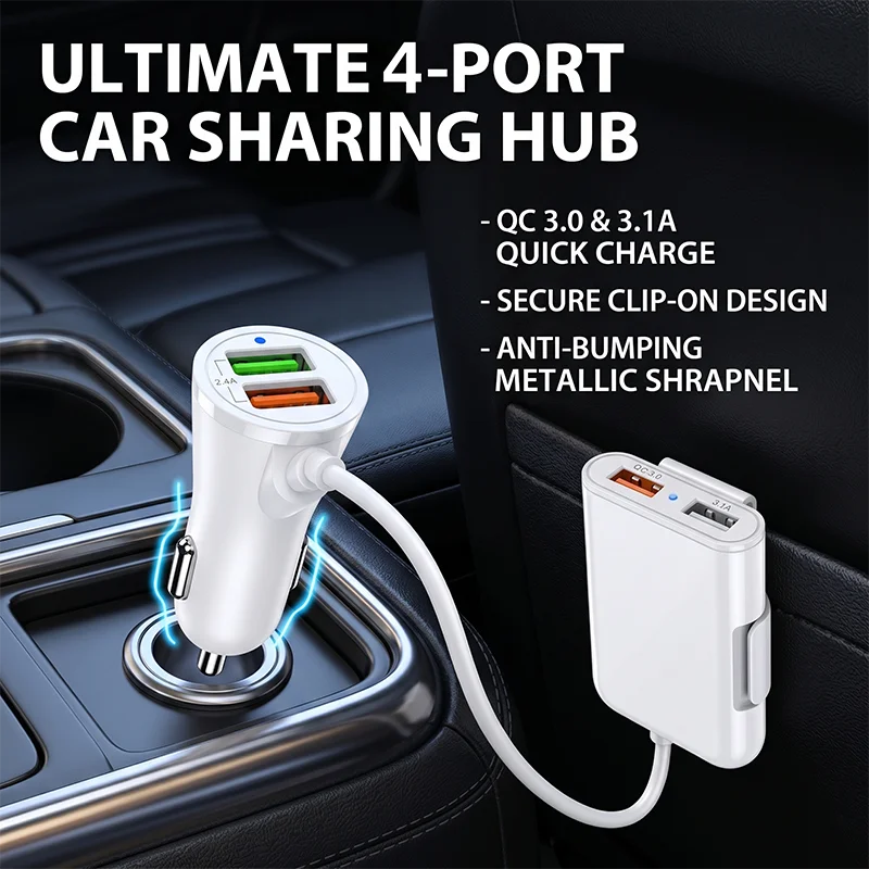 8A 40W USB Car Charger 4-Port Fast Charging Adapter with Backseat Extension Cord and Clip For iPhone 17 16 Pro Max For Samsung
8A 40W USB Car Charger 4-Port Fast Charging Adapter with Backseat Extension Cord and Clip For iPhone 17 16 Pro Max For Samsung