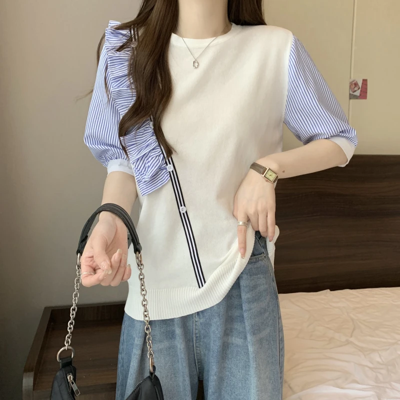 Summer New Striped Patchwork Ruffles Casual T-shirt Women Short Sleeve All-match Knitting Tee Female Loose Fashion Pullover Tops
Summer New Striped Patchwork Ruffles Casual T-shirt Women Short Sleeve All-match Knitting Tee Female Loose Fashion Pullover Tops