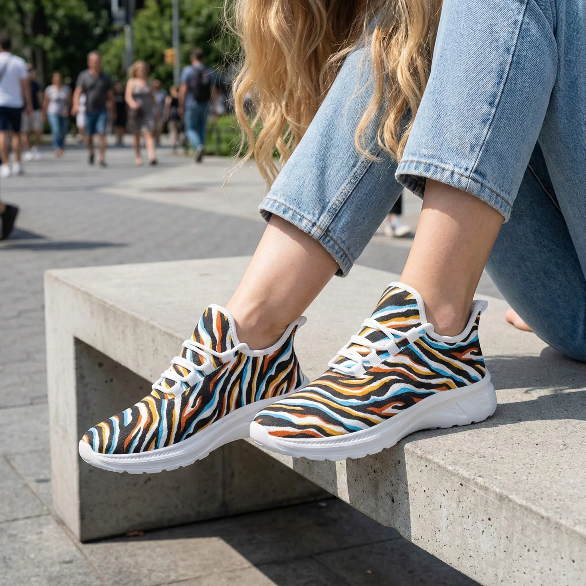 Casual athletic shoes with a unique zebra stripe pattern, stylish street design, comfortable and breathable running shoes.
Casual athletic shoes with a unique zebra stripe pattern, stylish street design, comfortable and breathable running shoes.