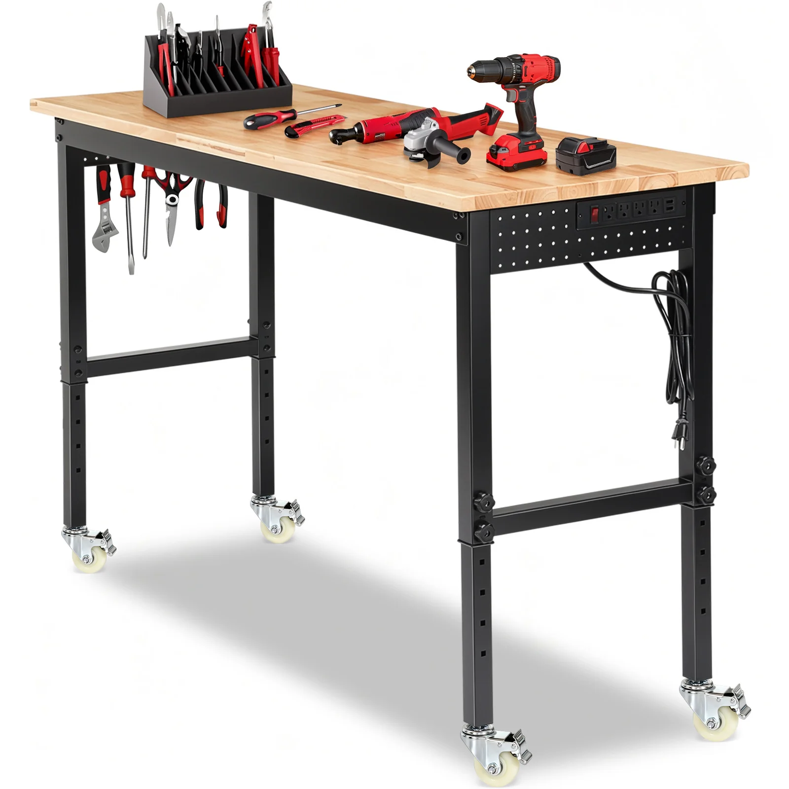 60 Inch Adjustable Workbench Heavy Duty Station 2000 lb Load Capacity With Wheels & Power Outlets Rubber Workbench with Pegboard
60 Inch Adjustable Workbench Heavy Duty Station 2000 lb Load Capacity With Wheels & Power Outlets Rubber Workbench with Pegboard