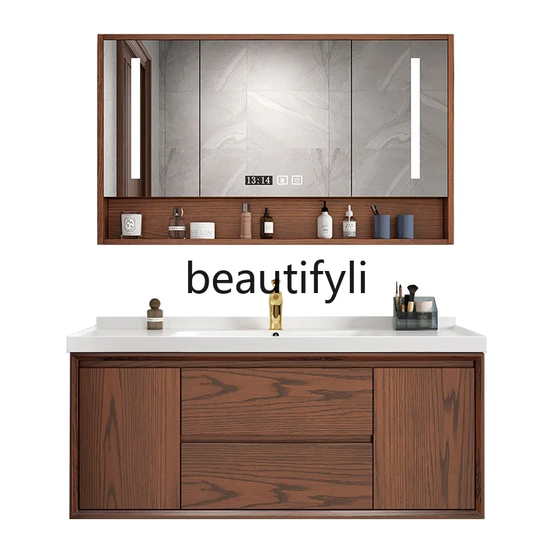 simple red oak bathroom cabinet ceramic integrated basin solid wood bathroom smart mirror cabinet 
simple red oak bathroom cabinet ceramic integrated basin solid wood bathroom smart mirror cabinet