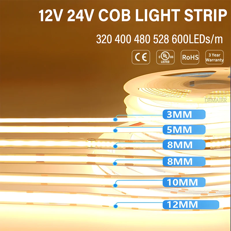 DC12/24V COB LED Streifen 3000K 4000K 6000K Light High RA90 Density Linear Lighting 3MM 5MM 8MM 480 528LEDs/m PCB Linear Light
DC12/24V COB LED Streifen 3000K 4000K 6000K Light High RA90 Density Linear Lighting 3MM 5MM 8MM 480 528LEDs/m PCB Linear Light