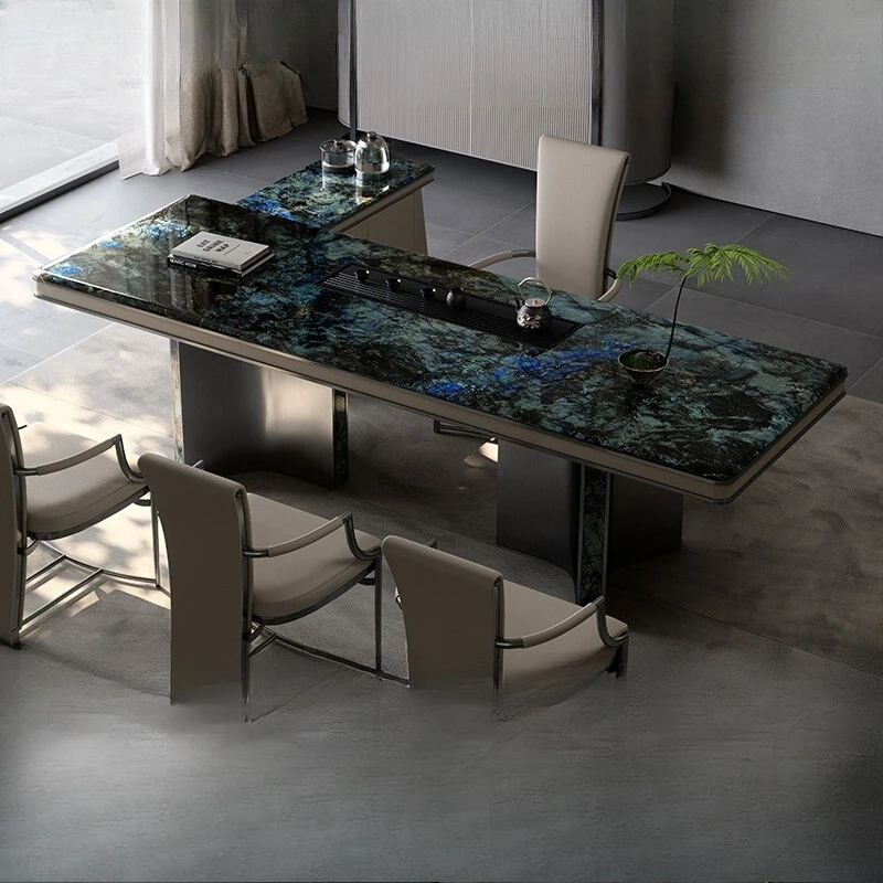 Light luxury tea table rock slab Italian modern high-end designer villa home office tea table and chair combination 
Light luxury tea table rock slab Italian modern high-end designer villa home office tea table and chair combination