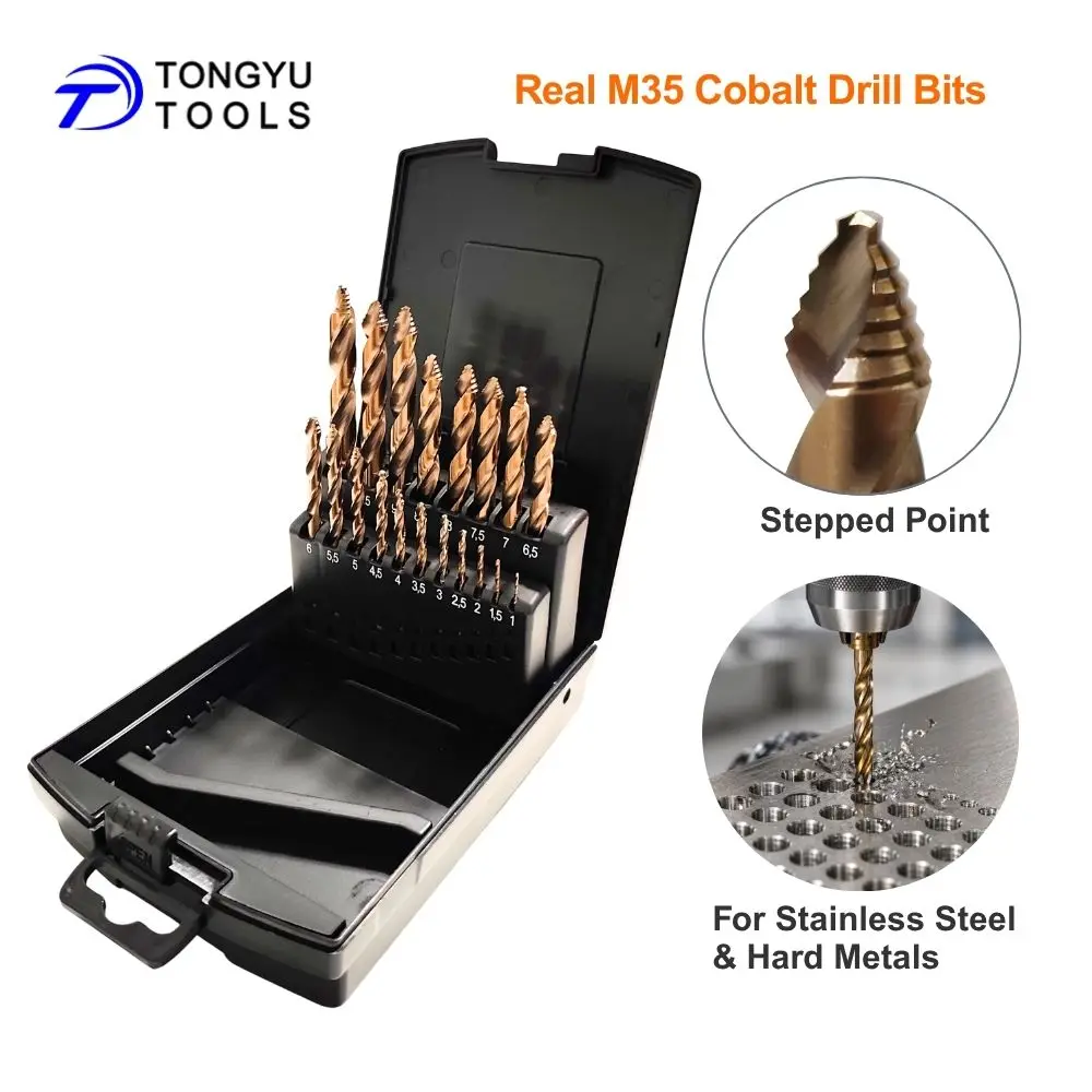 M35 Cobalt Drill Bit Set Stepped Point Metric DIN338 HSS Co5% Twist Drill Bit for Stainless Steel Hard Metal Heavy Duty
M35 Cobalt Drill Bit Set Stepped Point Metric DIN338 HSS Co5% Twist Drill Bit for Stainless Steel Hard Metal Heavy Duty