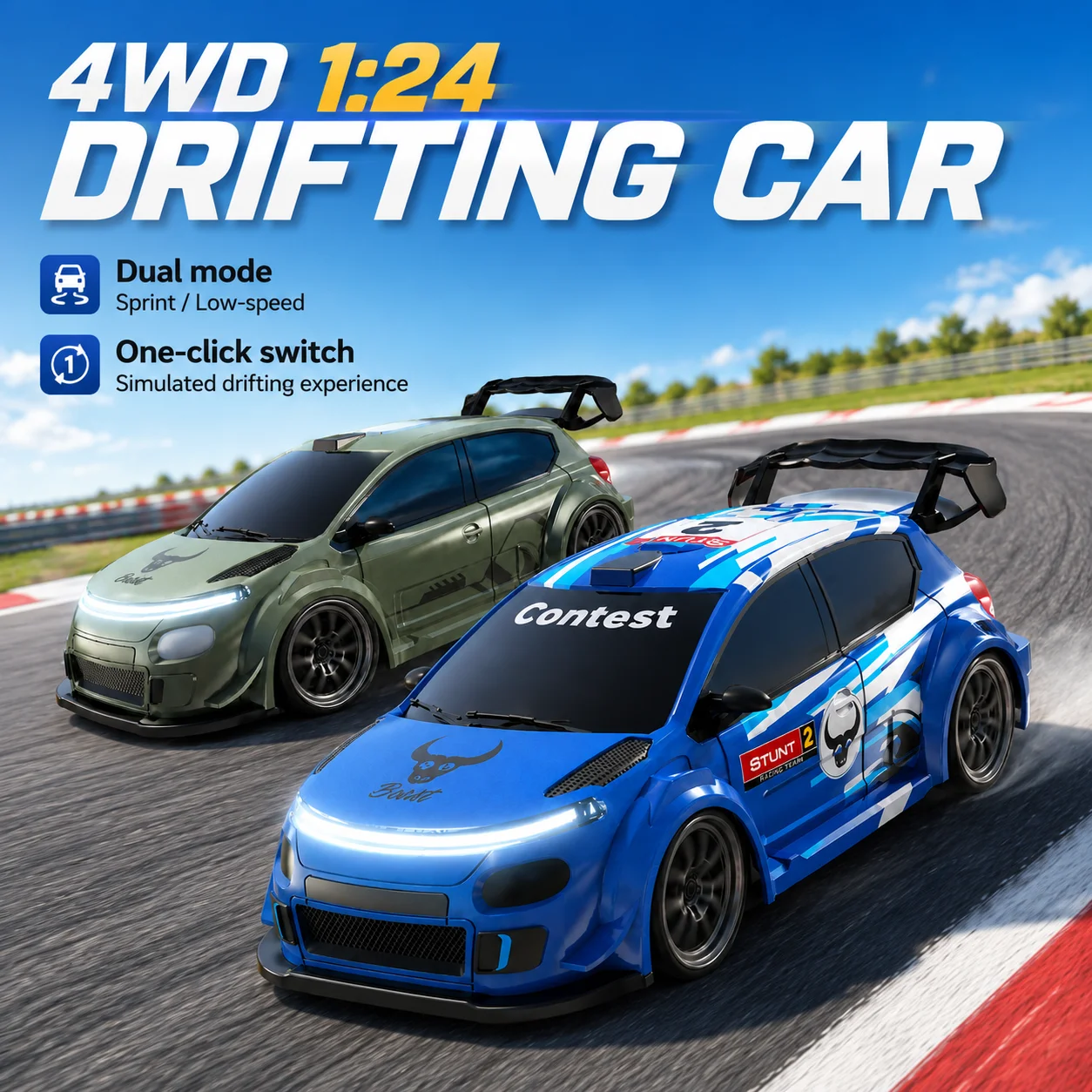 4WD High Speed RC Car 2.4G Remote Drifting Car 1:24 Scale Dual Mode One Click Switch LED Headlight Taillight Long Battery Life Racing Toy Car
4WD High Speed RC Car 2.4G Remote Drifting Car 1:24 Scale Dual Mode One Click Switch LED Headlight Taillight Long Battery Life Racing Toy Car